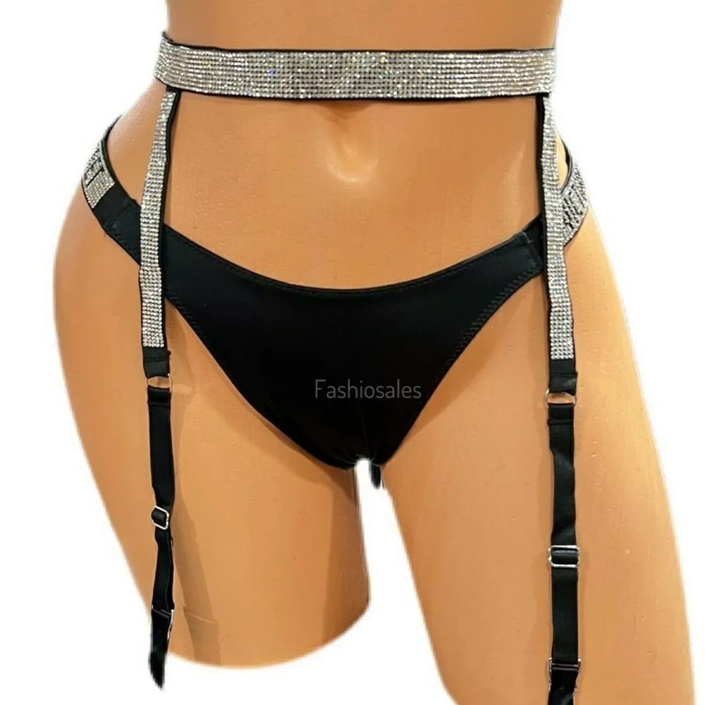 Victorias Secret Very Sexy Rhinestones Shine strap Bling garter belt black Small - Picture 7 of 9